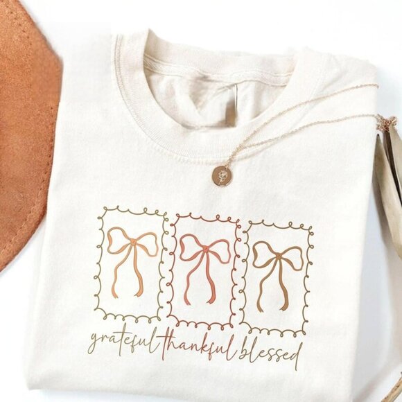 Tops - Faithful Thankful Grateful Blessed Shirt, Thanksgiving Bow Shirt